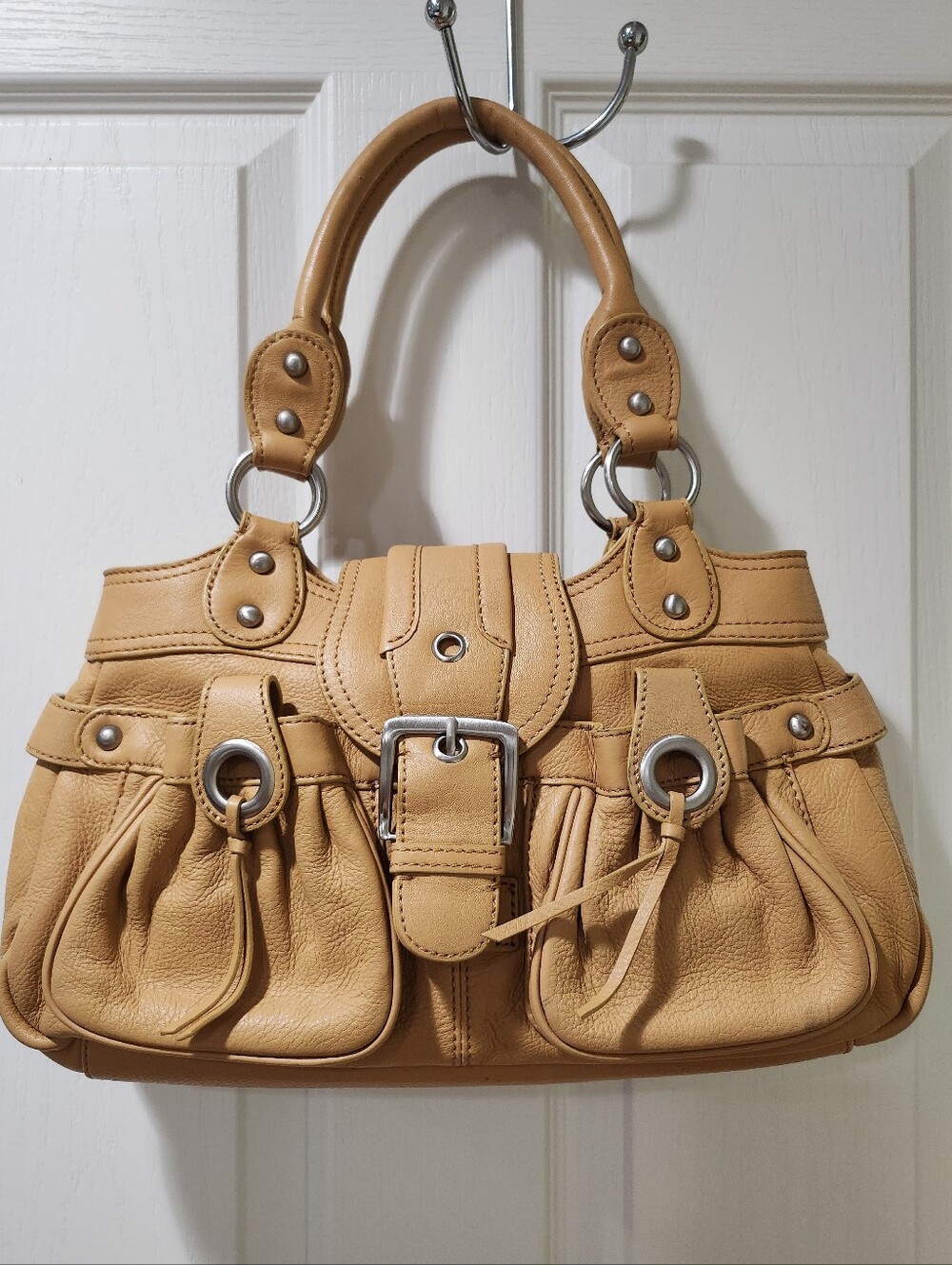Wilsons Leather Tan Pebbled Satchel Shoulder Bag Cargo Pocket Buckle